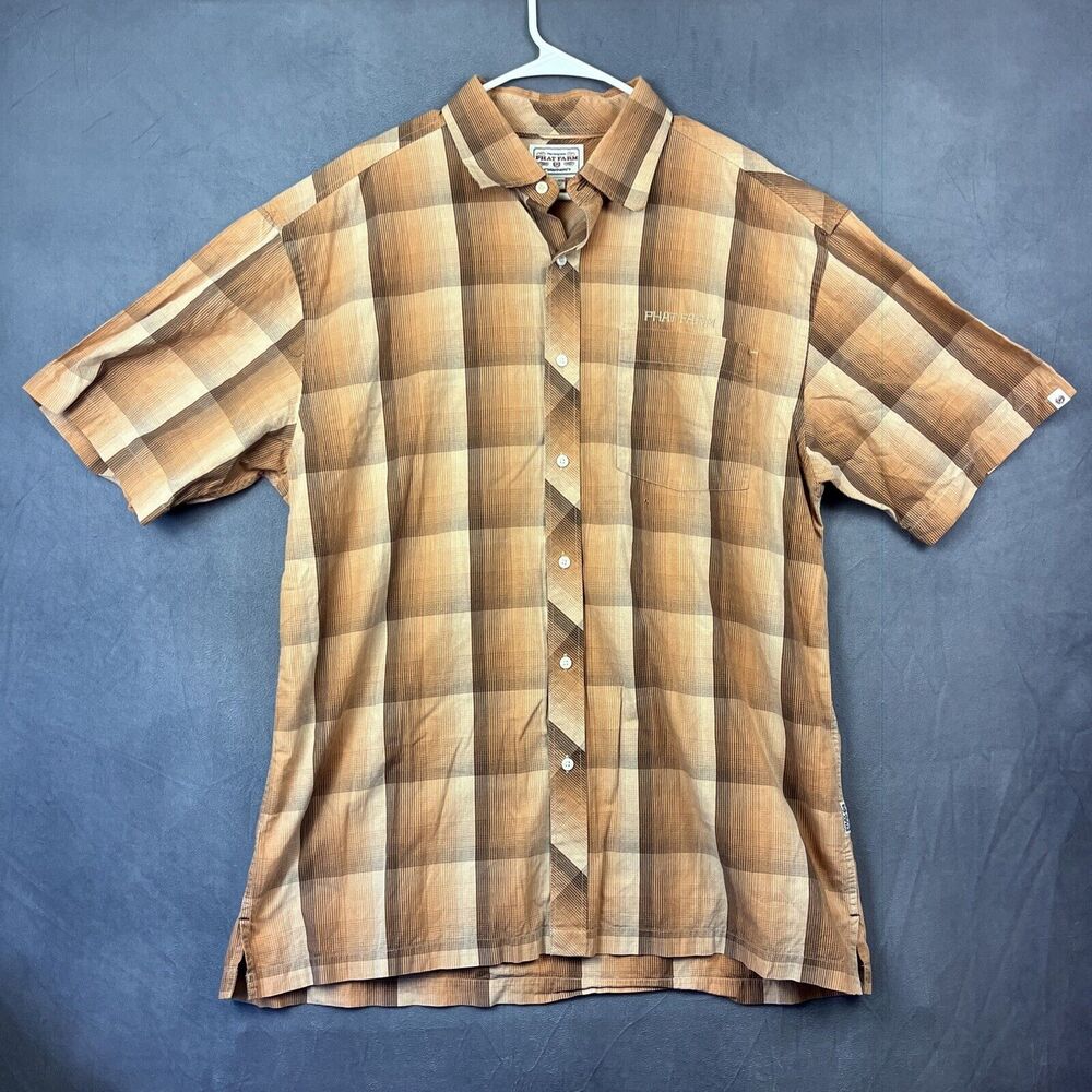 Vintage Phat Farm Plaid Shirt Men's Size 2XL Button Front Embroidered Brown Farm